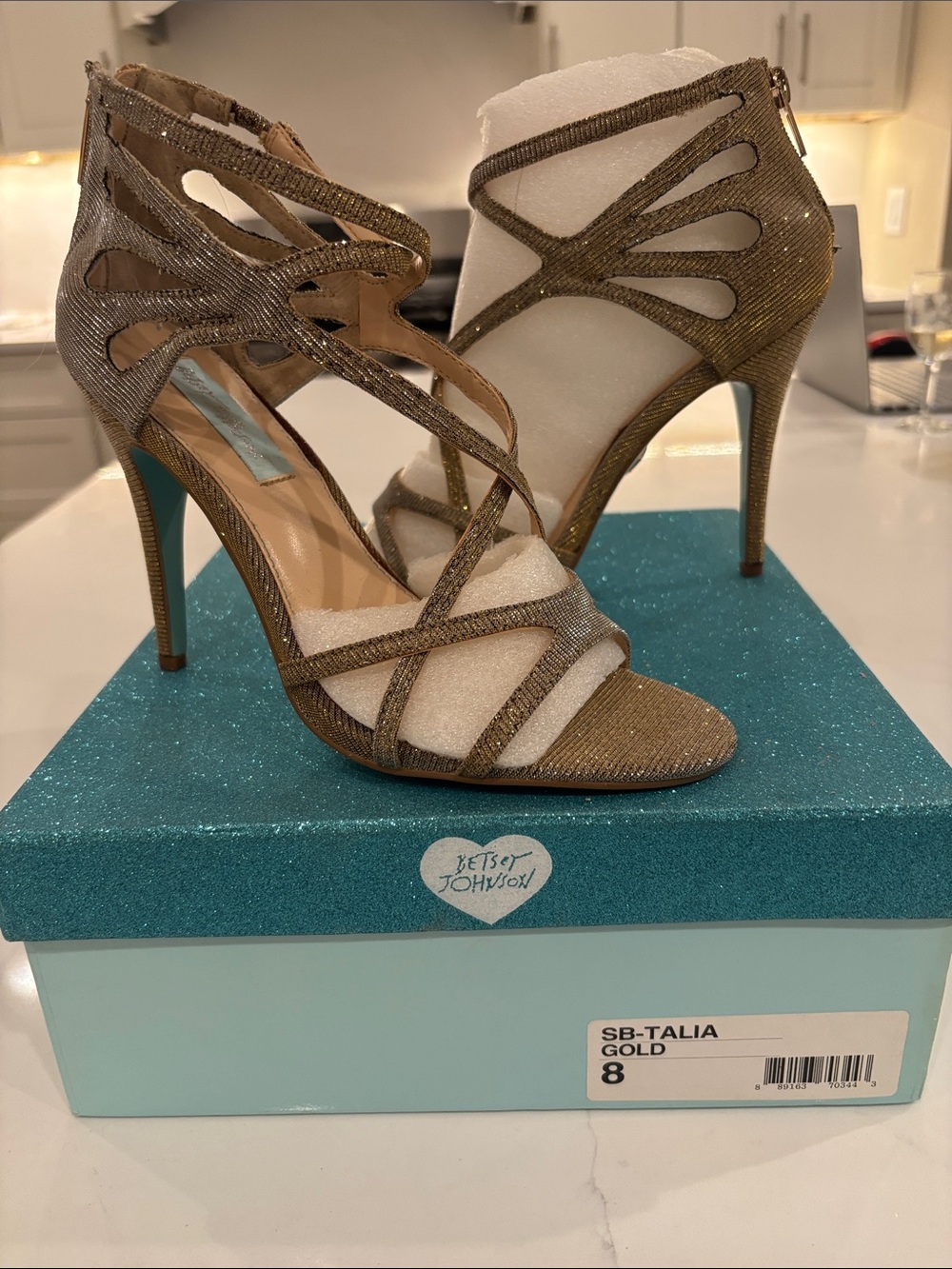 Betsey Johnson Gold Glitter Strappy Stiletto Heels
